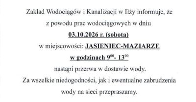 Przerwa w dostawie wody obejmie Jasieniec-Maziarze